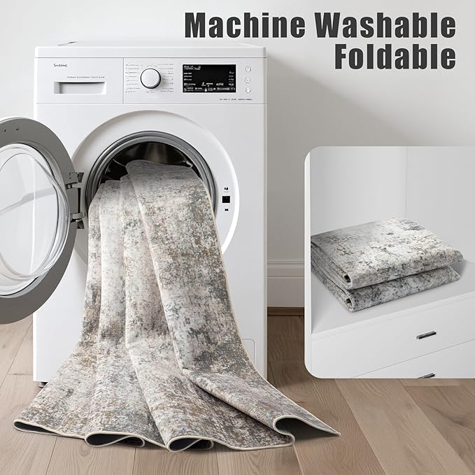 8x10 Area Rug Living Room Rug: Washable Modern Abstract Soft Thin Rug Indoor Floor No Slip Stain Resistant Carpet for Bedroom Dining Room Farmhouse Nursery Home Office - Brown Grey