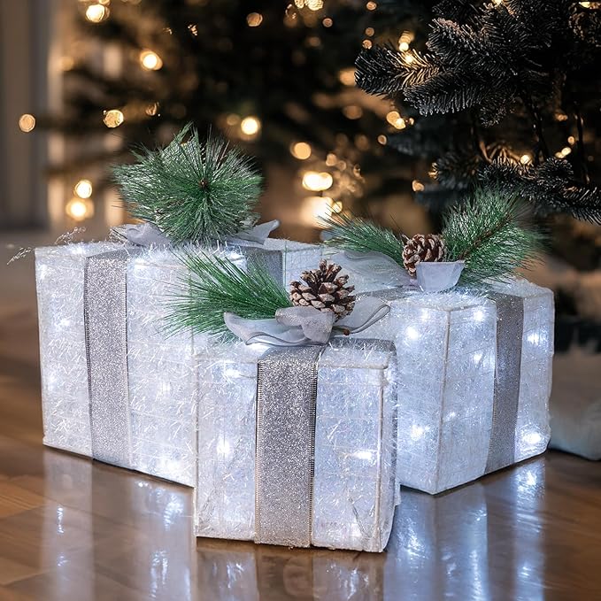 Hourleey Set of 3 Christmas Lighted Gift Boxes, Pre-lit 60 LED Light Up Present Boxes Ornament Outdoor White Tinsel Boxes Decoration for Indoor Christmas Home Yard Lawn Decor
