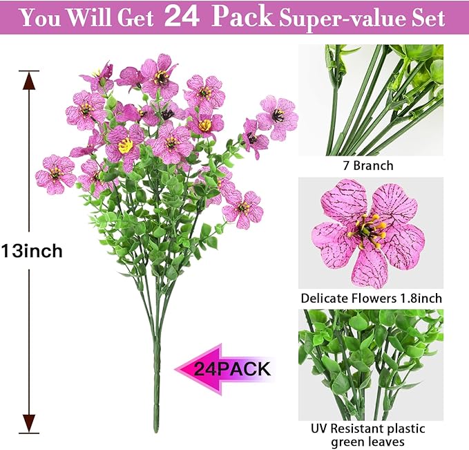 24 Bundles Artificial Flowers for Outdoors Decorations, Fake Flowers Artificial Plants Outdoor, Colorful Daisy Eucalyptus Realistic UV Resistant for Garden Patio Porch Home Decor, Purple
