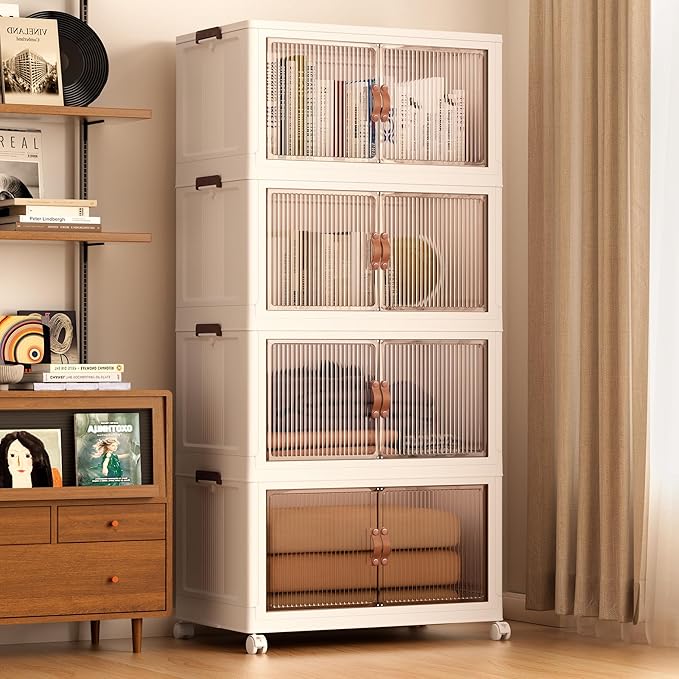 Jalove 120Gal Large Storage Bins with lids, 480QT Plastic Stackable Storage Containers with Wheels, Collapsible Closet Organizer and Storage Drawers,Clothes Organization for Cabinet Home, 4Pack White