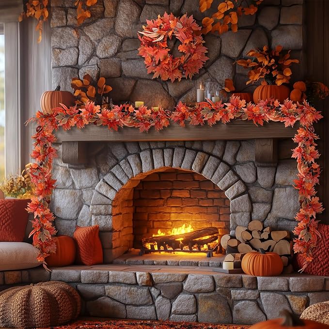 Zeyune 1 Pcs 6ft Long Fall Footballs Decor Artificial Garland Autumn Mixed Maple Leaves Garland Farmhouse Hanging Rustic Fall Wreath Decor for Front Door Kitchen Fireplace Home Indoor Outdoor