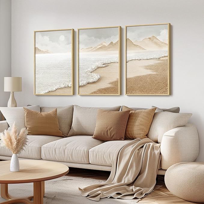 Framed Boho Coastal Beach Wall Art for Living Room, Large Neutral Abstract Coastal Canvas Artwork for Walls, 3 Piece Minimalist Ocean Picture Print for Bedroom Kitchen Wall Decor, Total Size 30x60 In