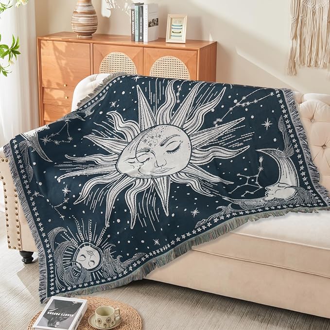 Boho Throw Blanket Reversible Cotton Bohemian Tapestry Hippie Room Decor Outdoor Blanket Double Sided (Navy Sun Moon 50"x60")