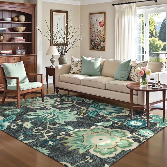 Lahome Floral Area Rug for Living Room - 4 x 6 Rug Washable Non-Slip Soft Rugs for Bedroom Throw Lightweight Boho Dining Room Rug, Blue Paisley Print Indoor Floor Carpet for Office Kitchen Entryway