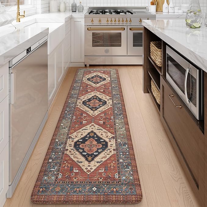 KIMODE Kitchen Mats Cushioned Anti Fatigue, Red Boho Vintage Kitchen Rugs 20"x71", Ergonomic Padded Kitchen Floor Mats, Non Slip Waterproof Standing Mats for Front of Sink Laundry Desk Bedroom