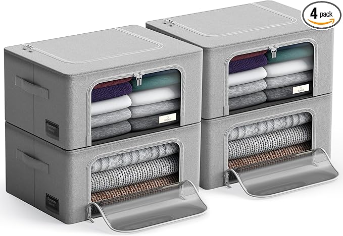 Sorbus Storage Bins with Metal Frame - Stackable & Foldable Clothes Organizer Bags - Oxford Fabric Storage Containers with Large Clear Window & Carry Handles, Bedroom Organization for Bedding & Linen