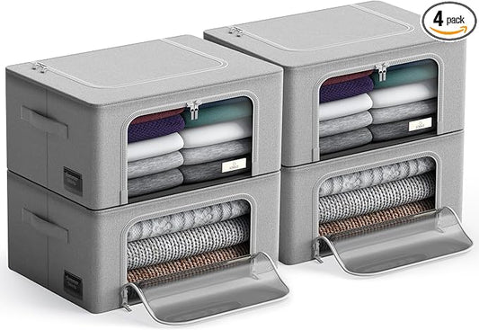 Sorbus Storage Bins with Metal Frame - Stackable & Foldable Clothes Organizer Bags - Oxford Fabric Storage Containers with Large Clear Window & Carry Handles, Bedroom Organization for Bedding & Linen