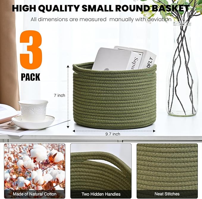Small Storage Baskets for Organizing, Organizer Baskets for Shelves, Green Woven Basket for Storage Decor, Small Decorative Cotton Rope Basket, 9.7"×9.7"×7" (3 Packs) Green