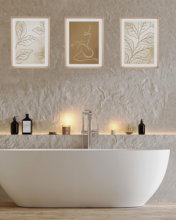 UPWOIGH Boho Canvas Wall Art(No Plexiglass), Framed High Side Wall Art, 16x12in Yellow-Brown Abstract Woman and Leaf Lines Minimalist Wall Decor for Living Room Bedroom Set of 3