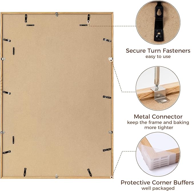 24x36 Picture Frame, 24x36 Poster Frame - Solid Oak Wood & Tempered Real Glass, Large 24 x 36 Frame for Wall, Rustic Wooden 24 by 36 Frame, 24x36 Frame with Mat for 20x30, Natural Oak Color