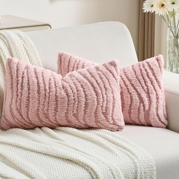 FUTEI Pink Decorative Throw Pillow Covers 12x20 Inch Set of 2,Soft Faux Fur Geometric Shapes Texture Pillowcase,Boho Home Decor for Couch Bed Living Room