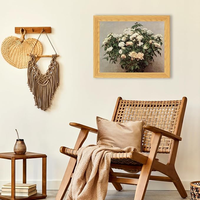 Brivoria Framed Canvas Wall Art Vintage Decor, Botanical Rose Plant Artwork with Blooming White and Pink Flowers and Soft Tones for Entryway Dining Room or Traditional Wall Decoration, 13"x16"