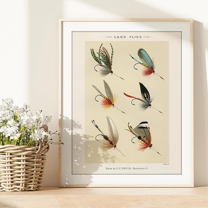Vintage Fly Fishing Art Prints (Set of 4) - Unframed - 8x10 | Great Gift for Fisherman - Reproductions of Vintage Fishing Lure Drawings - Rustic Decor