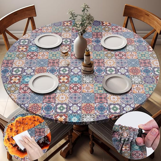 Fitted Round Tablecloth for 45-54" Tables Stain Resistant Vintage Earthy Vinyl Mantel Para Mesa Redonda Kitchen Apartment Organizers Picnic Camping List Women Men Cool Practical Gift Ideas