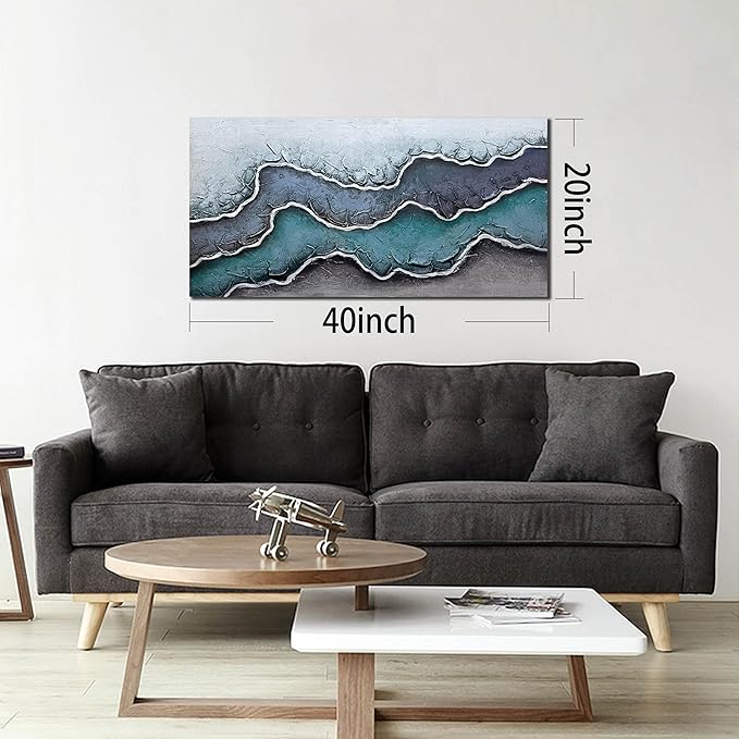 Beach Theme Painting Wall Art for Living Room Blue and White Canvas Wall Art for Office Hand Painted Wall Decor for Dining Room Size 20 x 40 Inch