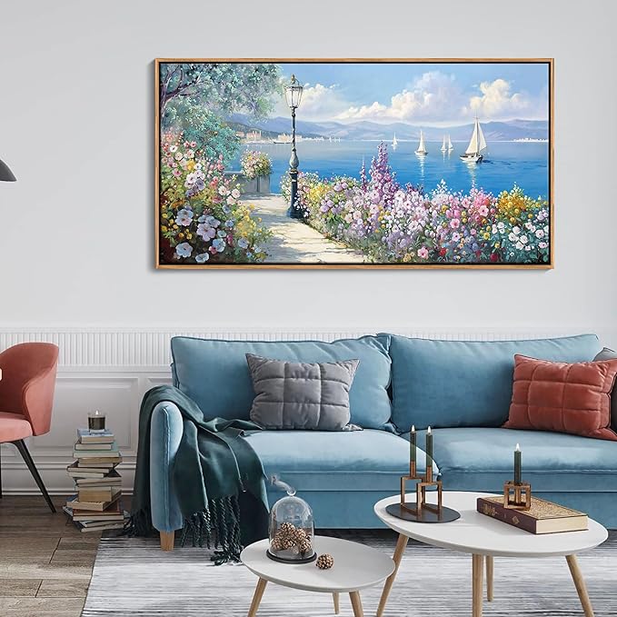 Blue Coastal Wall Art Ocean Canvas Flowers Painting Landscape Sailboat Picture White Yellow Artwork Modern Seascape Large Framed for Living Room Bedroom Home Office Decor Size 24x48 Inches