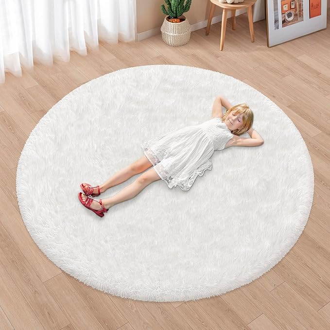 6x6 ft Tie Dye White Round Rug for Bedroom Room Fluffy Circle Rug Furry Carpet Shaggy Circular Fuzzy Washable Non-Slip Large Area Rug Soft Indoor for Living Room Cute Aesthetic Home Decor