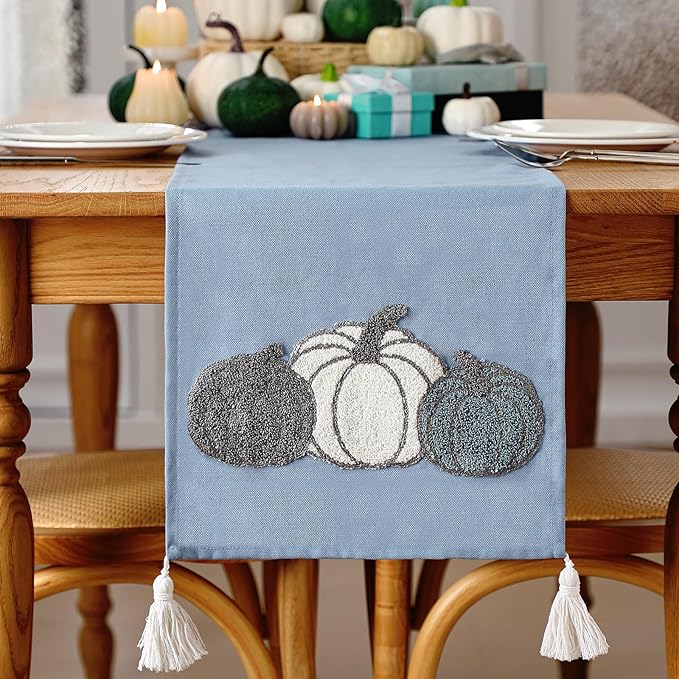 Breling Thanksgiving Pumpkin Table Runner Jacquard Fall Pumpkin Thanksgiving Dinner Table Runner Autumn Harvest Decoration for Kitchen Dining Home Dinner Party 13x72 Inch (Blue)