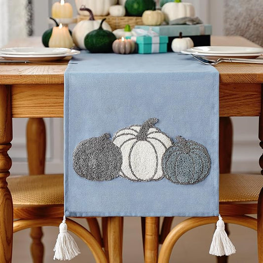 Breling Thanksgiving Pumpkin Table Runner Jacquard Fall Pumpkin Thanksgiving Dinner Table Runner Autumn Harvest Decoration for Kitchen Dining Home Dinner Party 13x72 Inch (Blue)