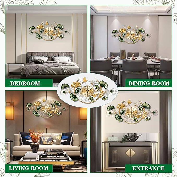 Big Wall Clock, Unique Ginkgo Leaf Decorative Wall Clocks, Luxury Metal Gold Flower Wall Decor, Silent Non-Ticking Oversized Clock for Wall, for Living Room Bedroom Kitchen Office(39.4X19.7In)