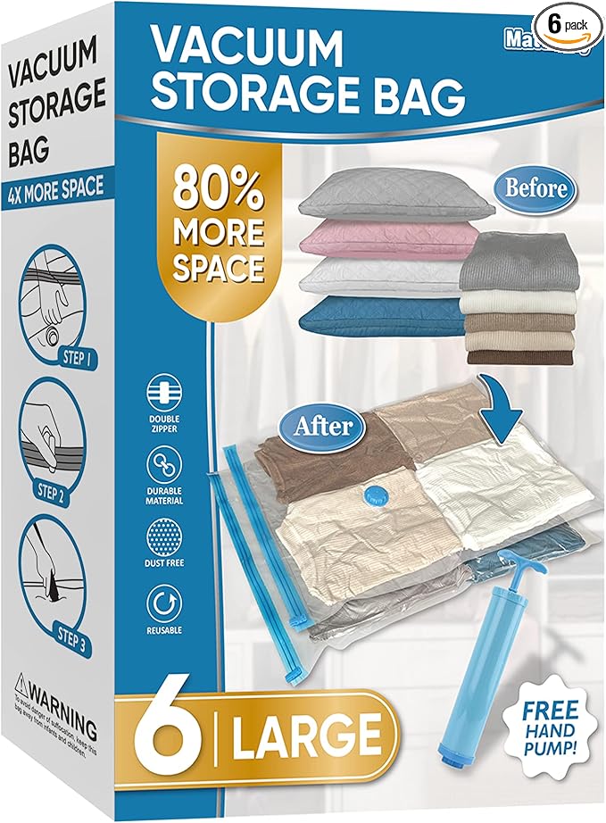 Space Saver Vacuum Storage Bags, 6 Pack Large Space Saver Bags with Pump, Storage Vacuum Sealed Bags for Clothes, Comforters, Blankets, Bedding (Large)