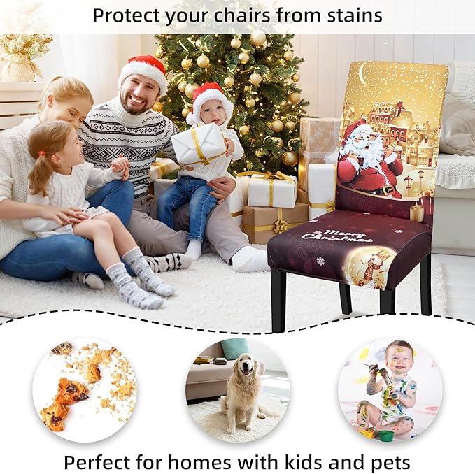 Christmas Chair Covers, Stretch Dining Covers, Dining Room Chair Covers Set of 4, Removable Washable Dining Chair Slipcovers for Home Hotel Banquet Holiday Decoration