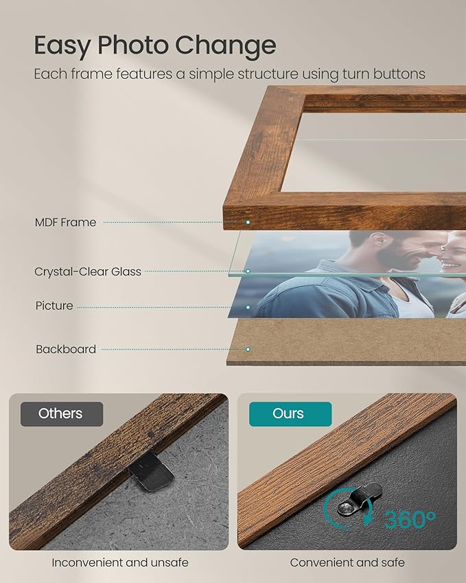 SONGMICS Picture Frames, Collage Picture Frames Set of 10, Two 8x10, Four 5x7, Four 4x6, Photo Frame for Wall Gallery Decor, Table Display, Glass, Rustic Brown URPF010X01