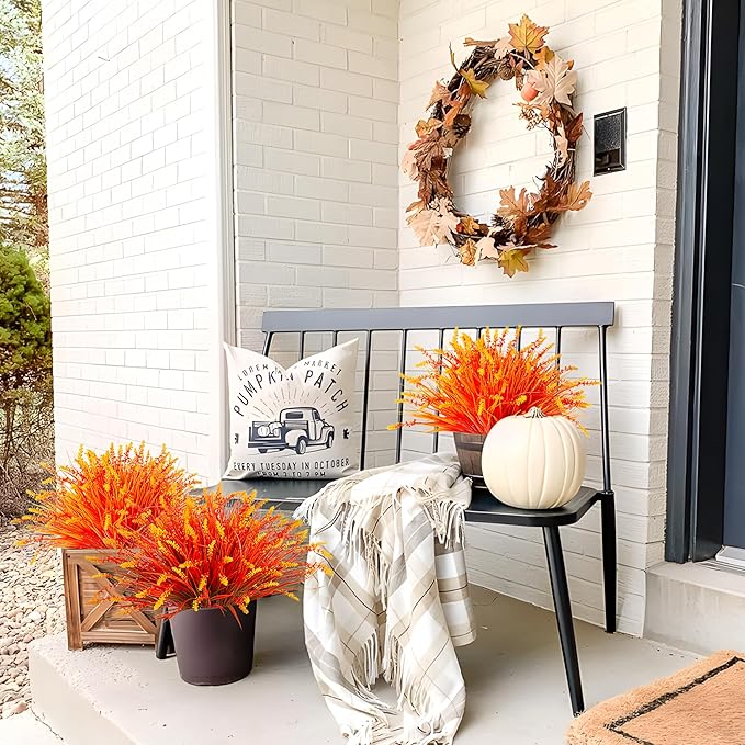 Artificial Fake Plants Flowers for Outdoors Fall Decor, 12 Bundles Fall Leaves Faux Lavender Flowers for Autumn Decoration, Fake Shrubs UV Resistant Planter No Fade for Garden Porch Balcony(Orange)