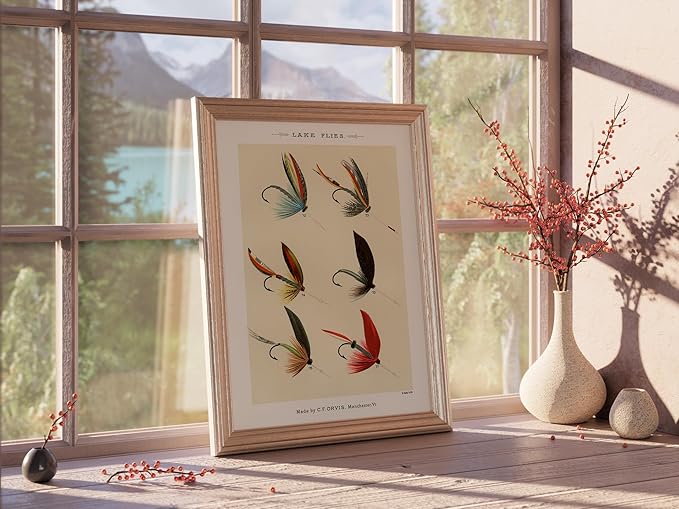 Vintage Fly Fishing Art Prints (Set of 4) - Unframed - 8x10 | Great Gift for Fisherman - Reproductions of Vintage Fishing Lure Drawings - Rustic Decor