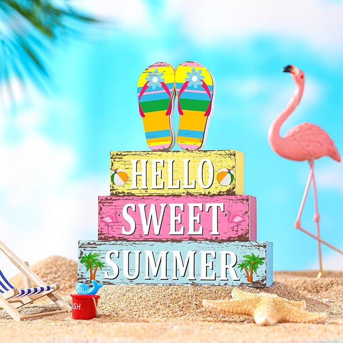 Geelin 4 Pcs Summer Decorations Wooden Sign Hello Summer Flip Flop Table Centerpiece Tiered Tray Decor Beach Farmhouse Blocks Table Top Sign for Home