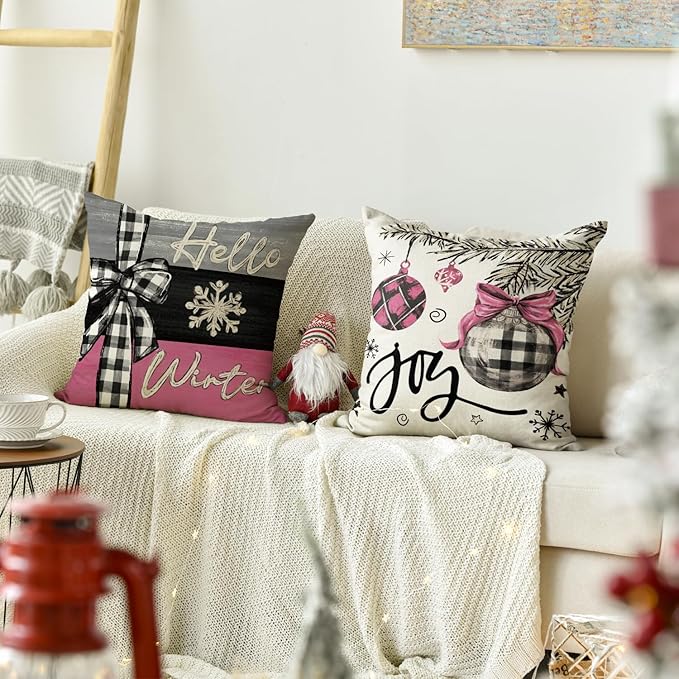 AVOIN colorlife Merry Christmas Joy Xmas Trees Pink Throw Pillow Covers, 18 x 18 Inch Christmas Winter Holiday Cushion Case Decoration for Sofa Couch Set of 4