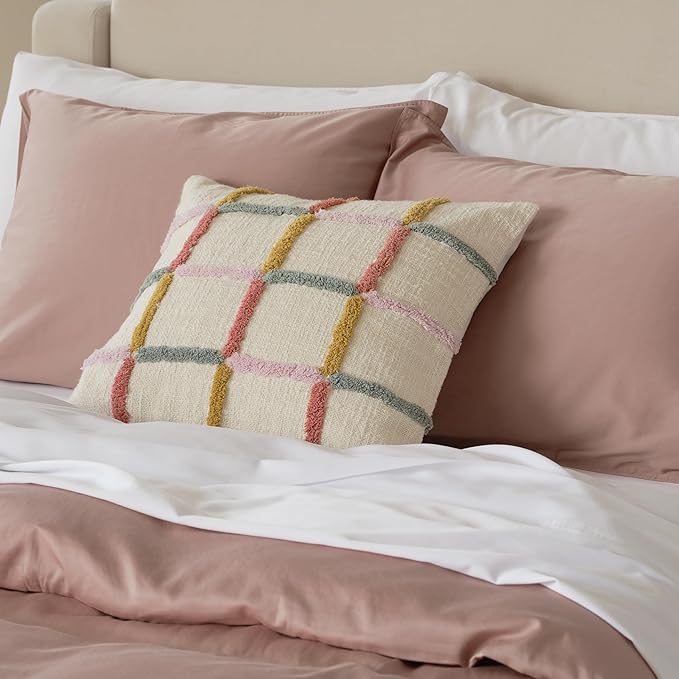 Double Stitch Checkered Throw Pillow Covers - 100% Cotton Tufted Boho Decorative Pillow Covers 20x20, Made in India, Square Plaid Cushion Case, Modern Home Decor for Couch, Sofa, Living Room, Multi