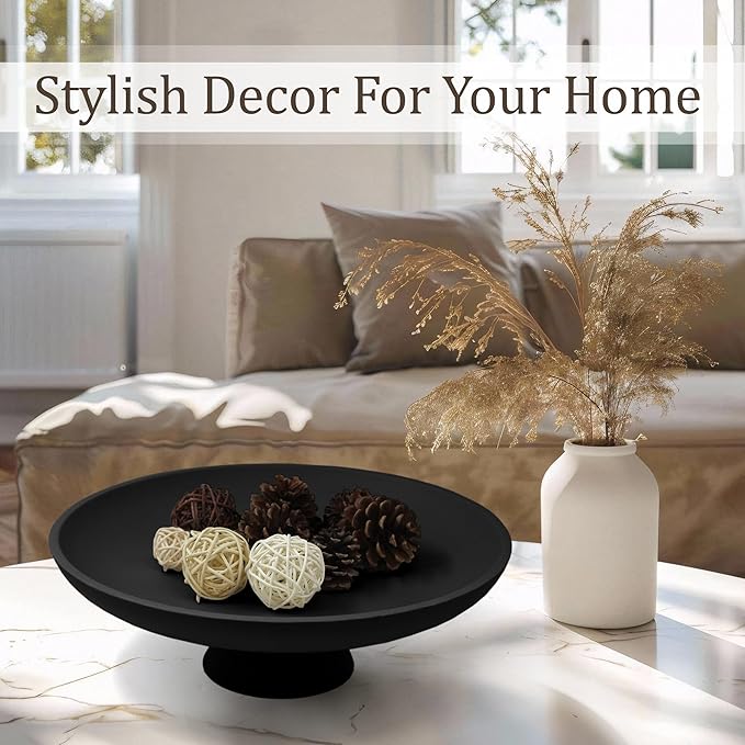 Large Decorative Bowl, Modern Resin Pedestal Bowl for Home Decor, Stylish Fruit Bowl for Kitchen Counter, Chic Key Holder for Entry Table, Matte Black