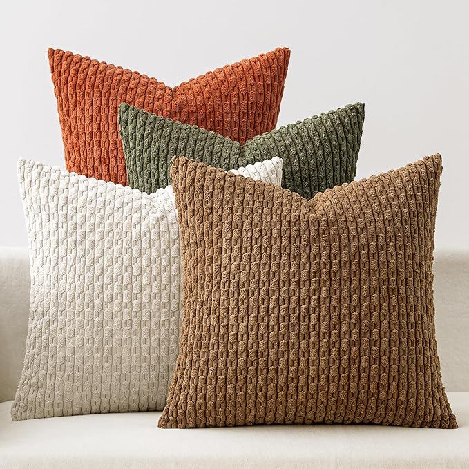 MIULEE Fall Throw Pillow Covers Soft Couch Decorative Set of 4 Boho Striped Cushion Covers Corduroy Pillowcases Farmhouse Home Decor for Couch Bed Sofa Living Room 18x18 Inch Camel Green