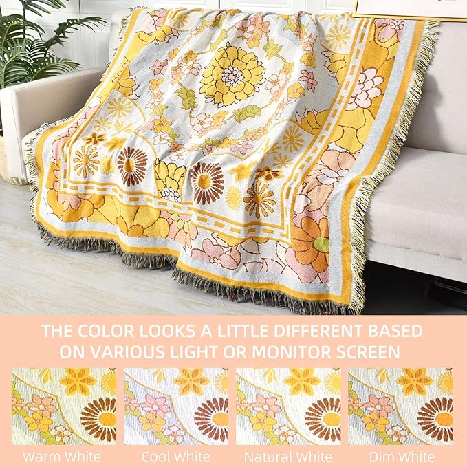 Boho Throw Blanket Reversible Cotton Bohemian Tapestry Hippie Room Decor Outdoor Blanket Double Sided (Boho Yellow Flower 50"x60")