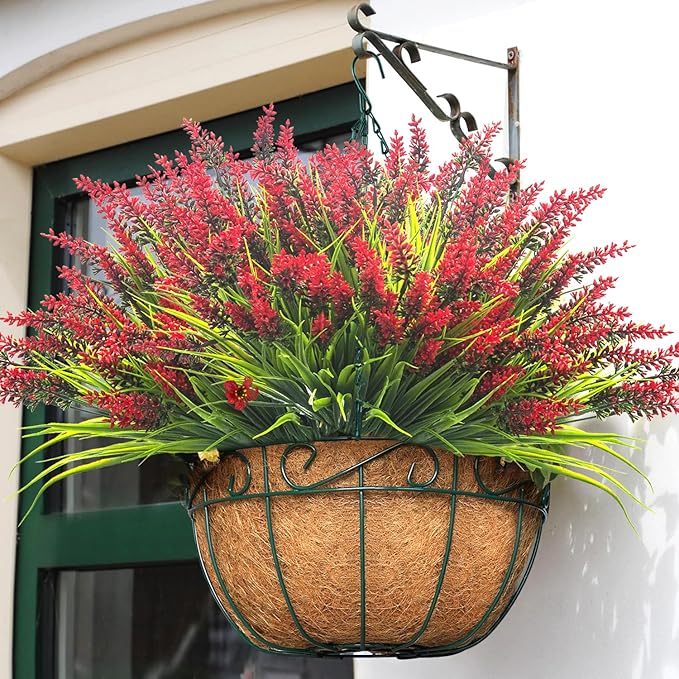 20 Bundles Artificial Plants Outdoor Fake Monkey Grass with Flowers (Red)