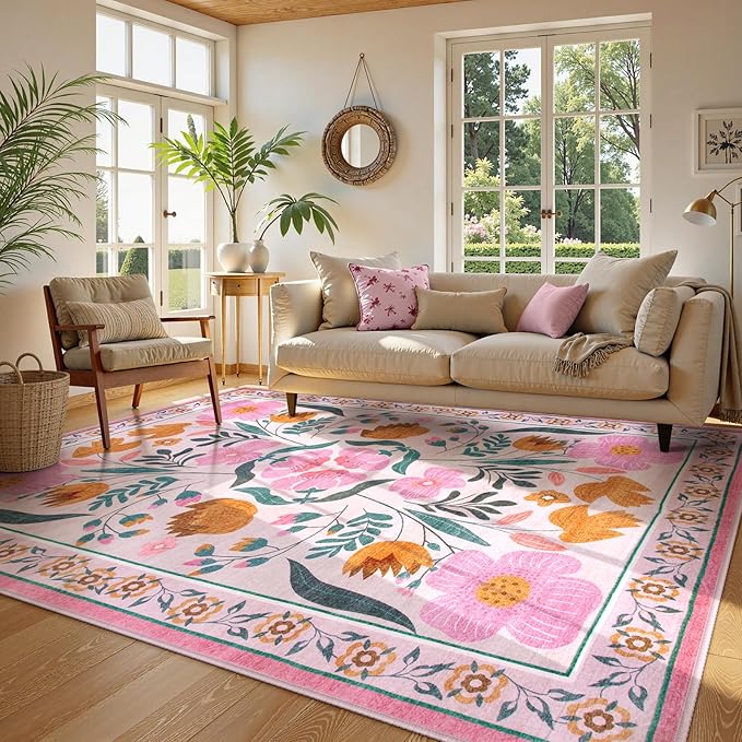 Beeiva Pink Rug 8 x 10 Rug for Living Room, Soft Washable Area Rugs Ultra Thin with Low Plie, Flower Large Non Slip Throw Carpet for Bedroom Nursery Playroom Classroom Décor (Pink,8'x10)