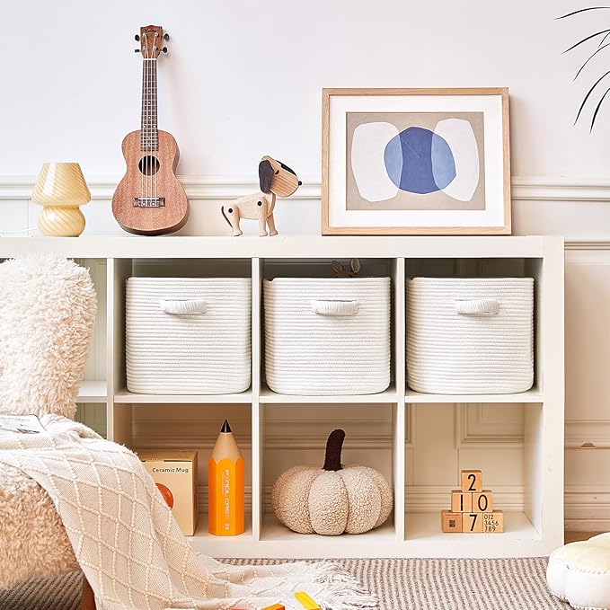 RUNKA Storage Cube Baskets - 3 Pack - 11 inch Square Baskets for Closet, Woven Bins - Ideal for Toy Storage | White