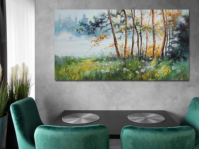 Ardemy Tree Wall Art Canvas for Living Room Landscape Textured Green Forest Painting Nature Flower Picture Bedroom Teal Scenery Artwork Framed Kitchen Home Office Wall Decor, Large 48"x24"