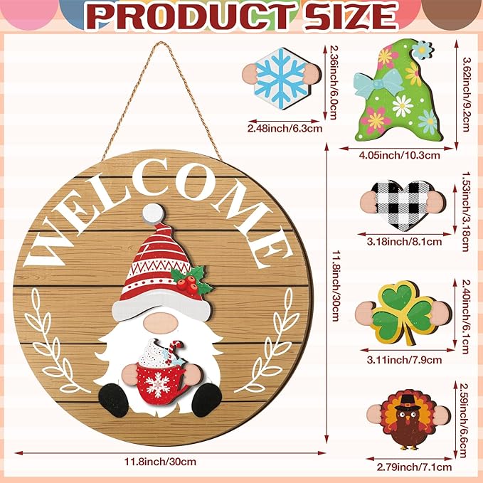 Qunclay Interchangeable Wooden Gnome Decor Holiday Seasonal Gnome Decorations with Magnet Pieces and Detachable Hats Changeable Welcome Sign for Home(Delicate Style)