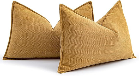 MIULEE Pack of 2 Mustard Yellow Decorative Lumbar Pillow Covers 12x20 Inch Soft Chenille Luxurious Couch Throw Pillows Farmhouse Cushion Covers with Elegant Design for Sofa Bed Living Room Home Decor