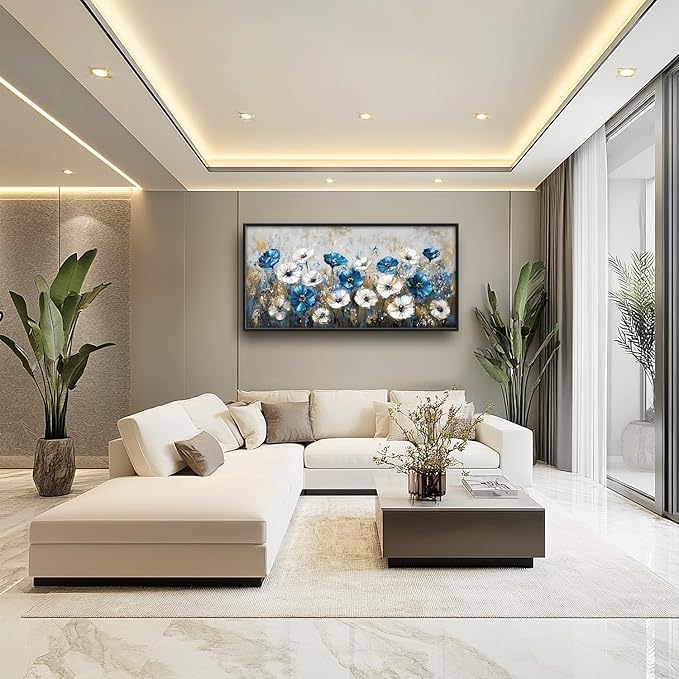 Flintis Large Blue and White Flowers Framed Wall Art Floral Pictures Wall Decor Abstract Landscape Canvas Painting Print Artworks Decor Framed for Living Room Bathroom Master Bedroom 60L X 30W