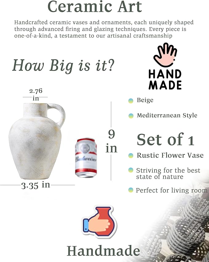 9 in Rustic Ceramic Farmhouse Vase with 1 Handle,Glazed Beige and Yellow Vintage Pottery Jar with Black Distressed Eroded Texture Finish,Boho for Home Decor,Tabletop,Mantel,or Living Room