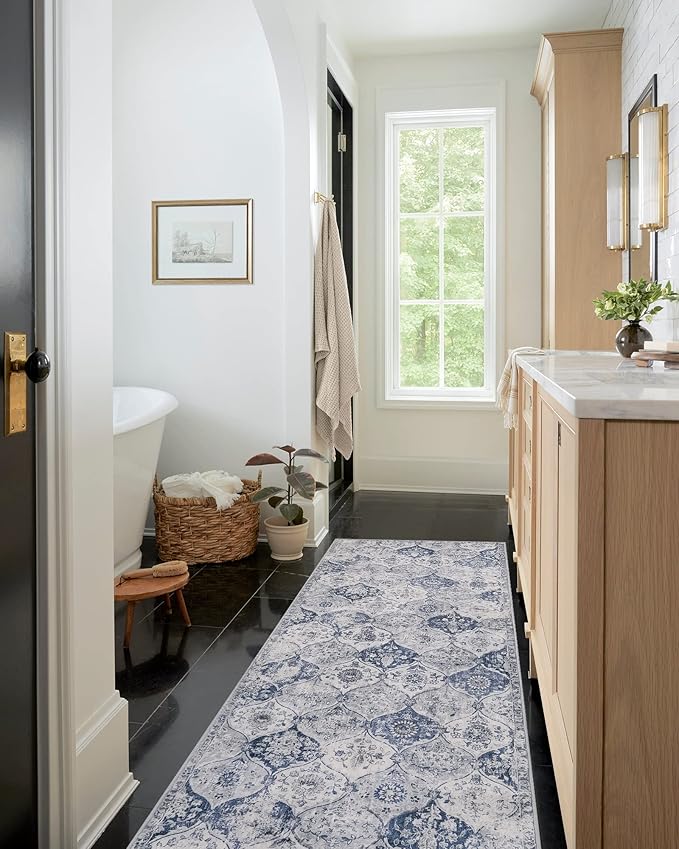 Lahome Moroccan Trellis Washable Runner Rug, 2x6 Kitchen Runners for Hallways 6 Feet Non Slip, Vintage Laundry Room Rug Ultra-Thin Long Carpet for Bathroom Bedroom Entryway, White/Royal Blue