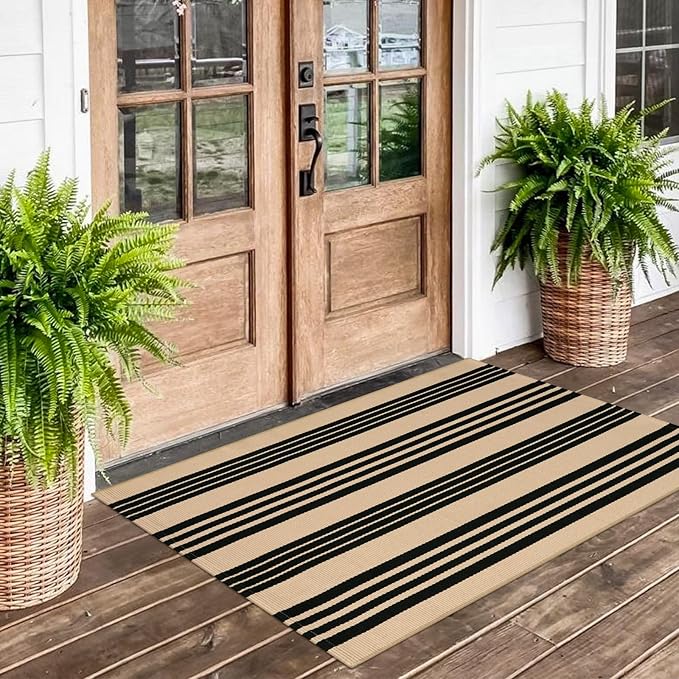 OJIA Outdoor Door Mat 27.5"x43", Black and Tan Fall Outdoor Rugs Cotton Hand-Woven Front Door Rug Machine Washable Door Mats Striped Entry Rug for Front Porch/Farmhouse/Kitchen/Entryway