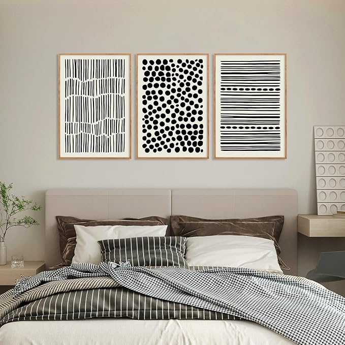 KAIRNE 3Pcs Black and White Boho Framed Canvas Wall Art Set, Minimalist Geometric Line Wall Decor, Abstract Black Wall Painting, Modern Neutral Art Print for Living Room, Bedroom, Kitchen 16x24inch