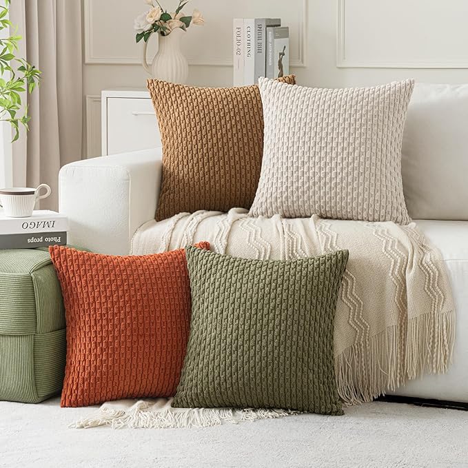 MIULEE Fall Throw Pillow Covers Soft Couch Decorative Set of 4 Boho Striped Cushion Covers Corduroy Pillowcases Farmhouse Home Decor for Couch Bed Sofa Living Room 18x18 Inch Camel Green