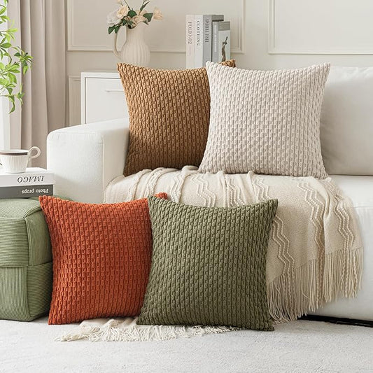 MIULEE Fall Throw Pillow Covers Soft Couch Decorative Set of 4 Boho Striped Cushion Covers Corduroy Pillowcases Farmhouse Home Decor for Couch Bed Sofa Living Room 18x18 Inch Camel Green