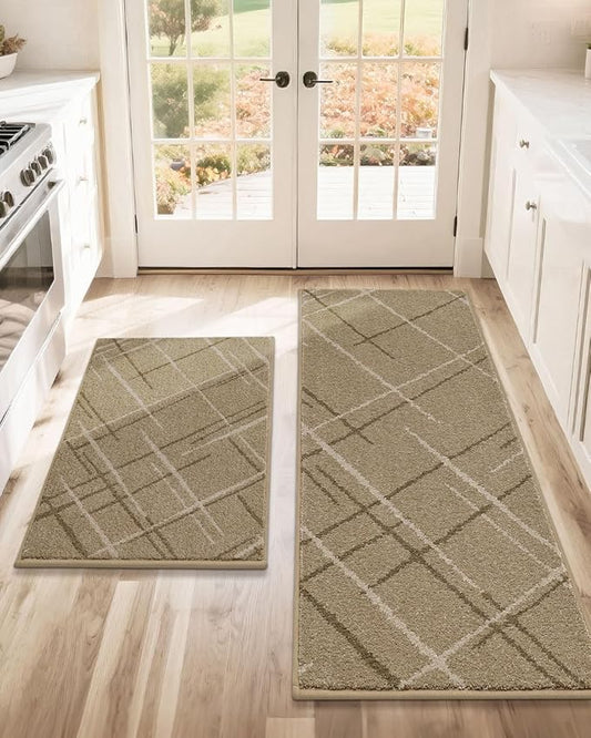 COSY HOMEER Kitchen Mats, 2 PCS Kitchen Rug Non Slip Washable, Absorbent Runner Rugs for Kitchen Floor, Polyester Kitchen Sink Rug 24"x36" + 24"x60"(Beige)