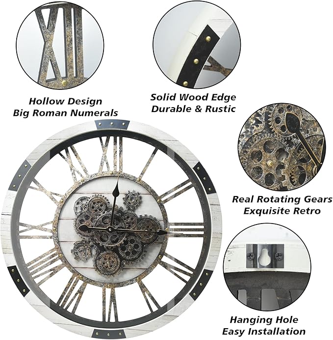 27" Large Real Moving Gears Wall Clock with Toughened Glass Cover Solid Wood Retro Metal Skeleton Oversized Vintage Steampunk Rustic Clock for Living Room Decor Home Farmhouse Kitchen(Desert Beige)